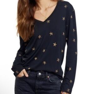 Rails Sami Star Top Animal Print Long Sleeves V-Neck Black Tan Size Small